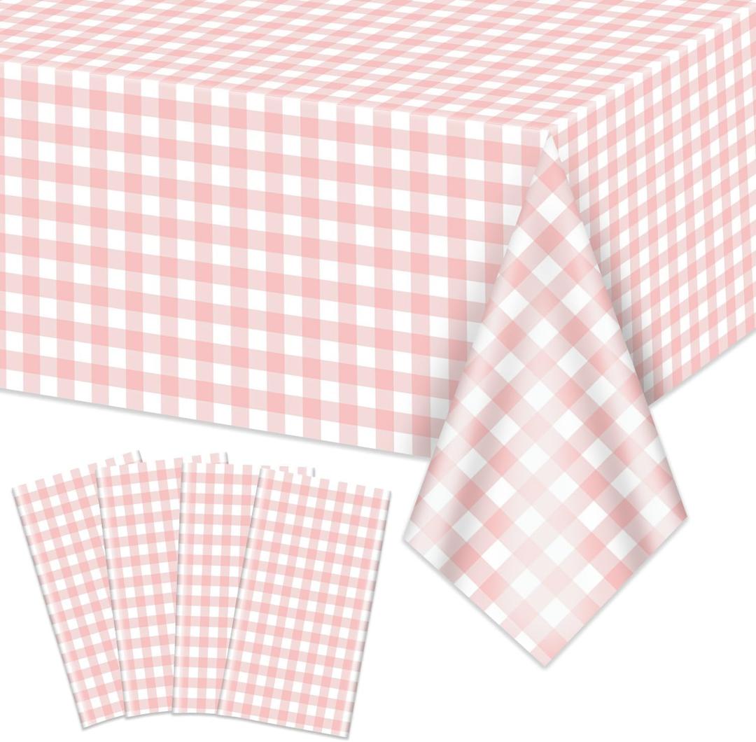 Pink Gingham Tablecloths, Pink and White Checkered Tablecloths Rectangular Waterproof Picnic Table Covers for Birthday Party Holiday Outdoor Supplies (4, Pink, 86 x 51)
