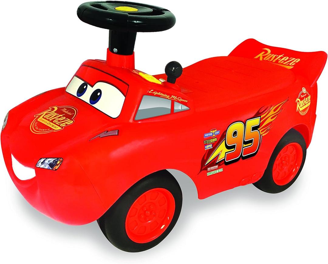 Kiddieland Lightning McQueen Racer Ride-On Car for Toddlers, Engine Sounds, Music, Lights, Steering Wheel, Foot-to-Floor Push Toy, Ages 1-3, Large