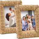 2 Pcs Rattan Picture Frame, 4x6 Boho Photo Frame Handmade Farmhouse Wicker Picture Frame Set for Wall and Tabletop Display (Natural, 4X6+4X6)
