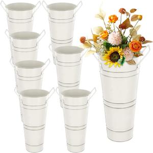 KINJOEK 8 PCS 9 Inch Galvanized Metal Flower Vases, Rustic Farmhouse French Flower Bucket Pots with Handle, Tall Galvanized Metal Vases for Centerpieces, Planter, Home Decor, Beige