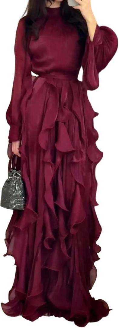 Molisry Women's Fall Ruffle Maxi Dress High Neck Smocked Tie Up Boho Fringe Tassel Flowy Long Wedding Dress 2025