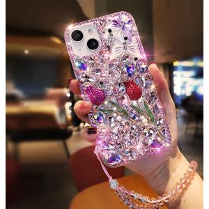 for Samsung Galaxy S22 Ultra Bling Diamond Case with Strap, 3D Luxury Sparkle Glitter Crystal Rhinestone Butterfly Rose Flower Diamond Wristband Bracelet Case Cover for Girls Women