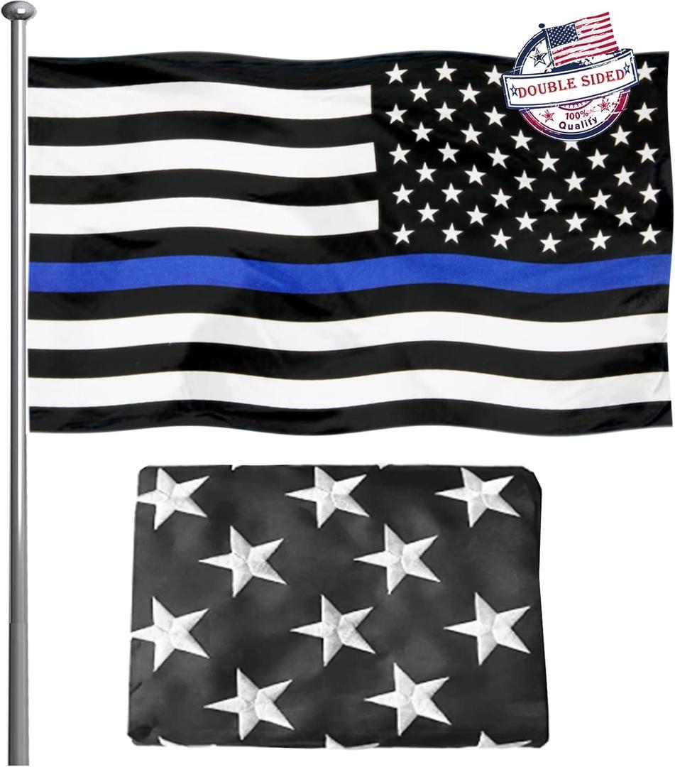 Embroidery Stars Thin Blue Line Police American flag 3x5 Heavy Duty Honoring Law Enforcement Officers FlagsUV Protected Fade Embroidered Blue Striped American Flag Outdoor Super Durable