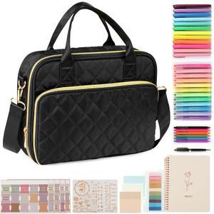 All-in-One Bible Journaling Kit  Quilted Bible Cover Case for Women, 31 Highlighters, 75 Tabs, Bible Study Supplies & Christian Gift for Women and Teens (Shoulder Strap, Black)