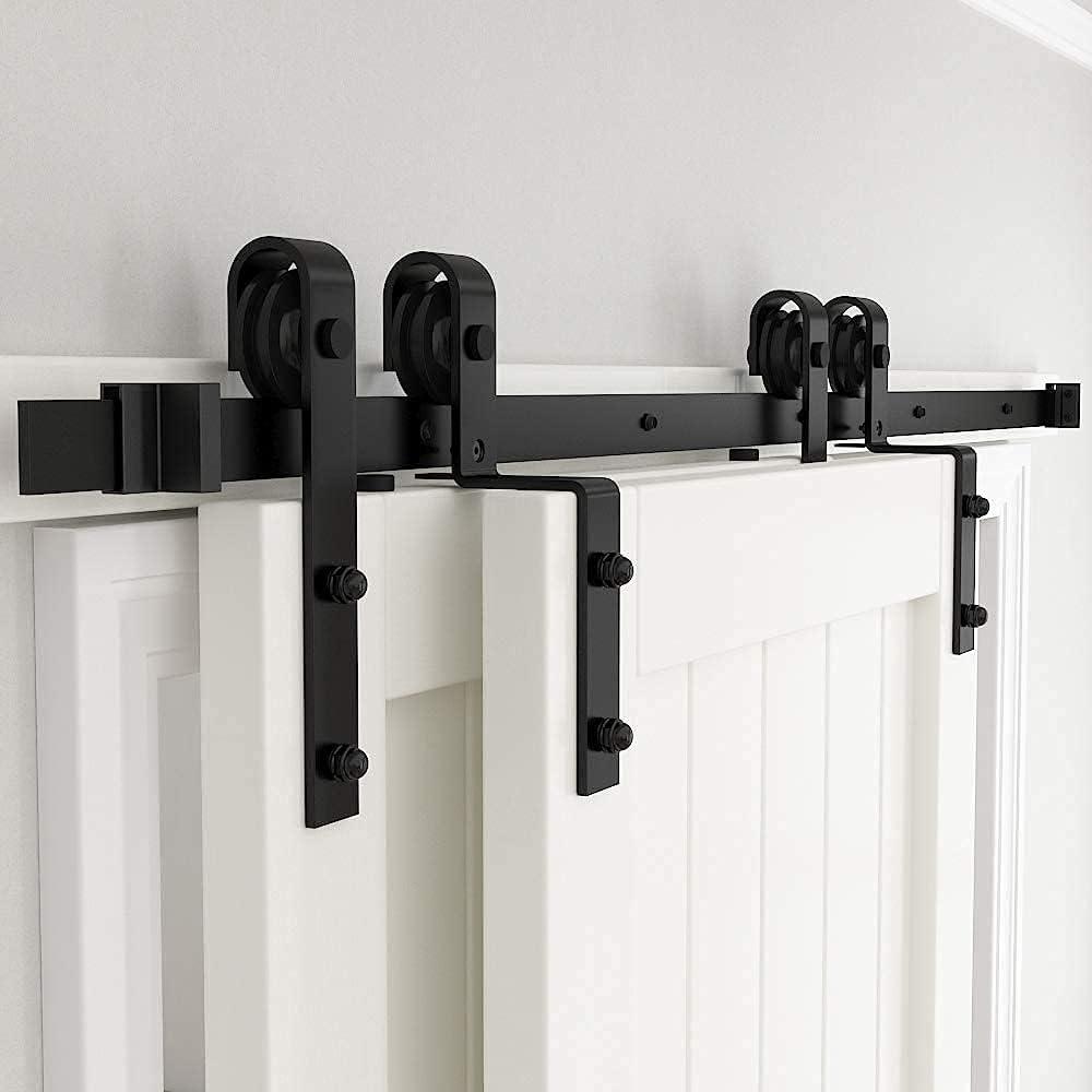 skysen 9FT Heavy Duty Sliding Barn Door Hardware Single Track Bypass Double Door Kit Black(Bypass J Shape-1)