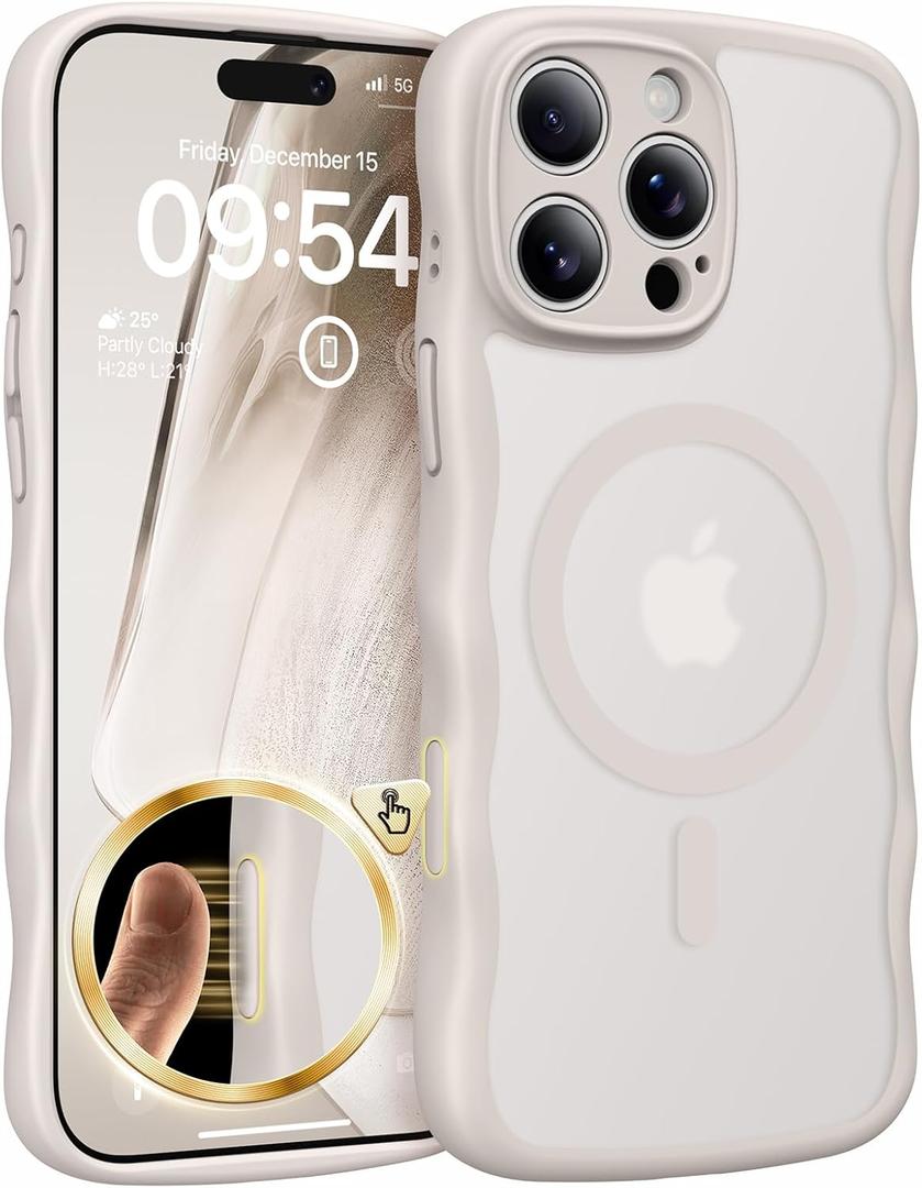 TAURI Magnetic for iPhone 16 Pro Max Case, Cute Wavy Design [Full Camera Protection] [Compatible with Magsafe] Anti-Slip Translucent Matte Case for iPhone 16 Pro Max for Women Girls, Gray
