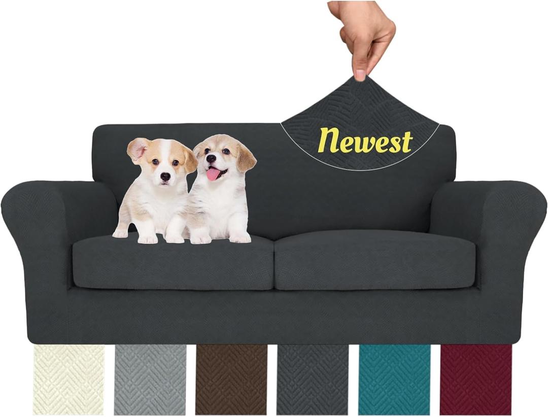 MAXIJIN 3 Piece Couch Covers for 2 Cushion Couch Sofa Cover, Stretch Loveseat Sofa Slipcovers for Sofas with 2 Large Cushions, Thick Dogs Pet Furniture Covers (71"-91", Gray) (Grey)