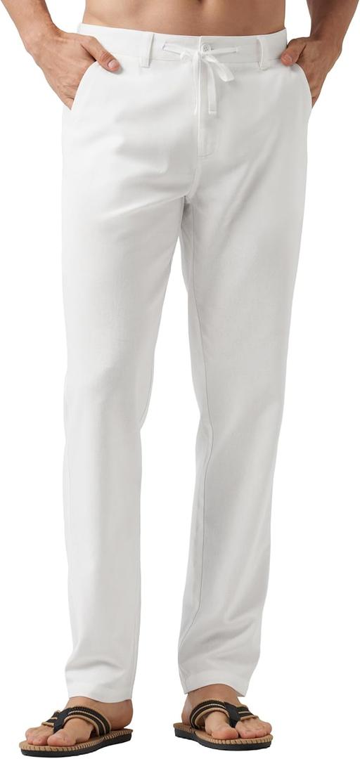 Willit Men's Linen Pants Casual Linen Dress Pants Drawstring Beach Summer Lightweight Trousers 29" 30" 32" (White)