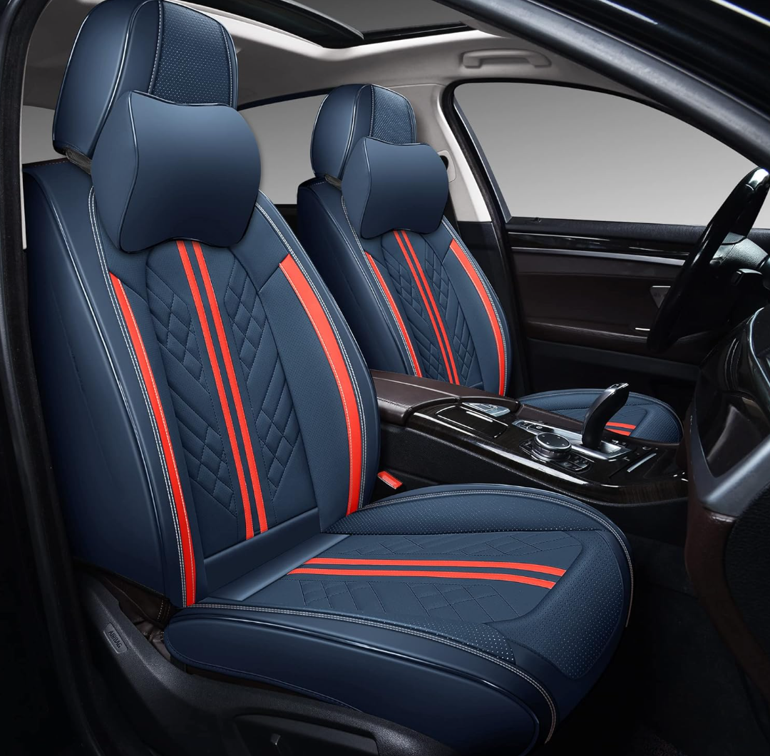 GXT Car Seat Covers Front Seats Only, Front Car Seat Covers 2 Pack, Premium Faux Leather Car Seat Cushion - Universal Fit for Most Sedans SUV Pick-up Truck with Headrests(Blue and Red Strip)