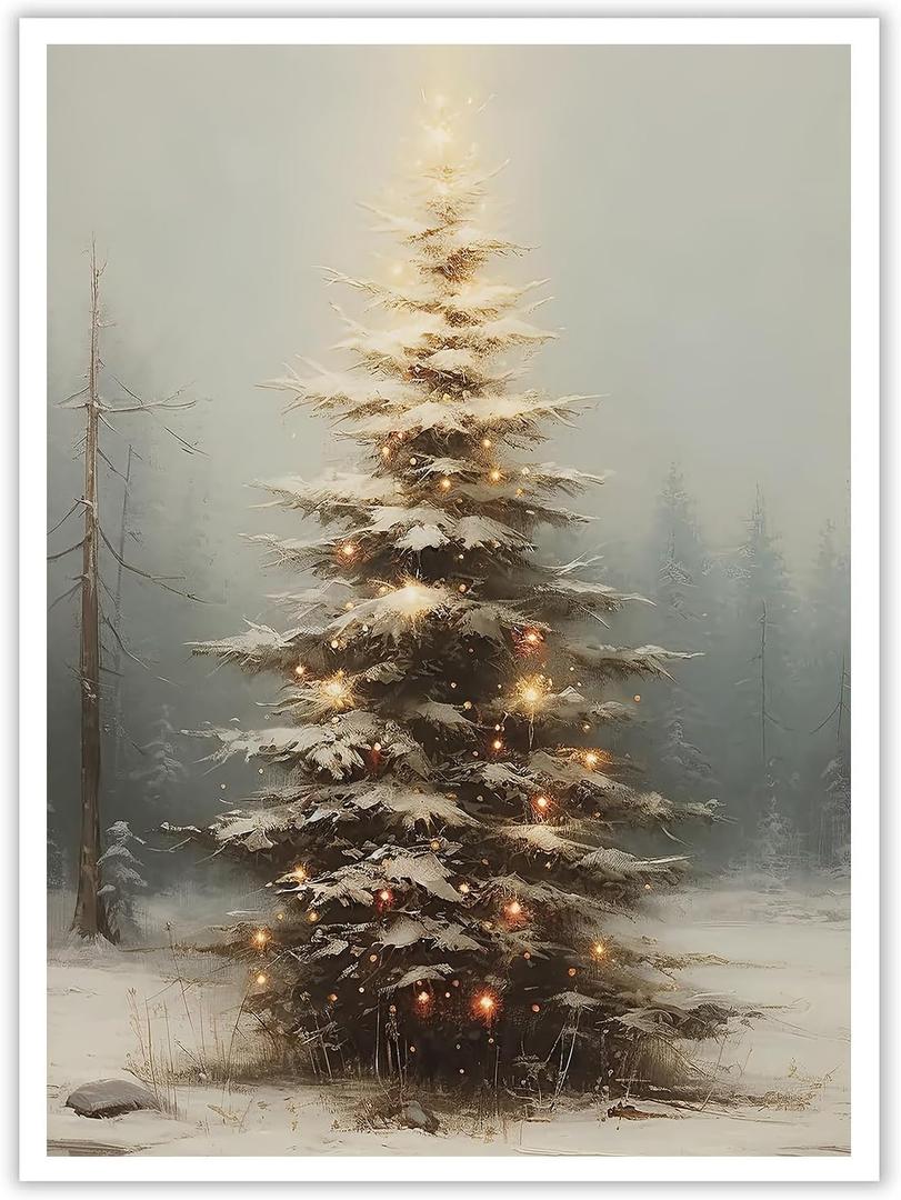 Huabsad Vintage Christmas Tree Wall Art Retro Lighted Winter Pine Botanical Aesthetic Picture Prints Rustic Scene Winter Room Wall Decor Canvas Posters Farmhouse Holiday Decor 16x22in Unframed