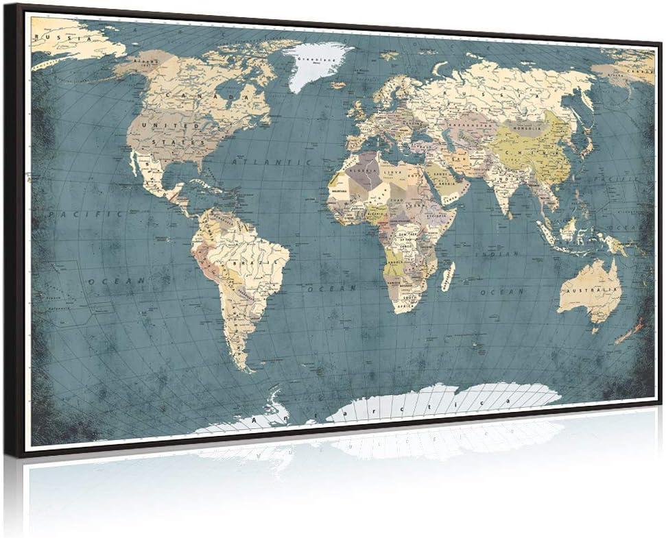 Welmeco Large Office Wall Decoration Retro Detailed World Map Canvas Prints with Premium Black Frame Vintage Push Pins Travel Map of The World Picture Artwork for Modern Home Office Living Room Decor