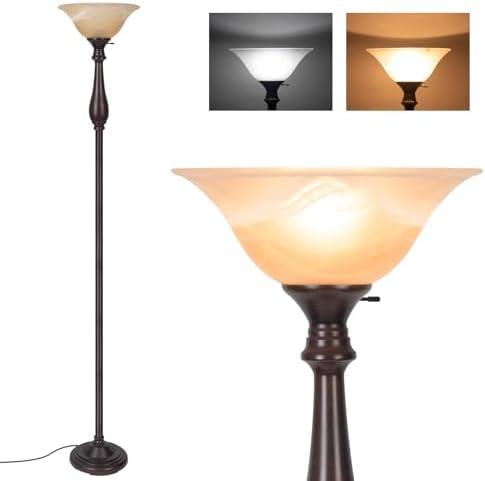 lianheng Floor Lamp with Alabaster Glass Bowl Shade, 72 Inch Tall Torchiere, Dark Brown, Brushed Nickel
