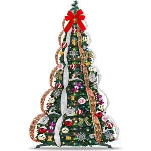 6.5 FT Prelit Pop Up Christmas Tree with 220 Warm White & Multicolor Lights 8 Modes & Timer Fully Decorated 103 Ornaments, Collapsible Pull Up Christmas Tree with Lights for Indoor Home Party Decor