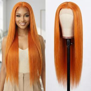 Highlight Straight Wig Human Hair, Lace Front Wigs for Women Pre Plucked, Glueless Natural Hairline Straight Human Hair Wig 30 Inch Orange