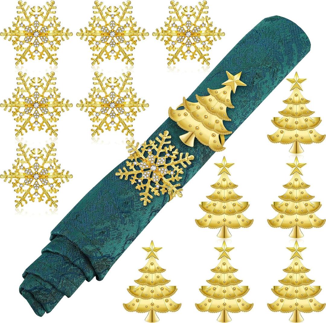 12 Patelai Christmas Napkin Rings Snowflake Napkin Rings Xmas Tree Napkin Ring Holder Buckle Rhinestone Metal Napkin Ring Holder Christmas Napkin Rings for Xmas Wedding Dinner Table Decor (Gold)