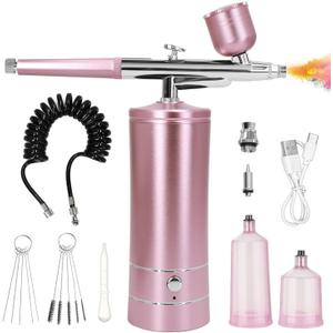 Airbrush Kit with Compressor, Auto Handheld Airbrush Gun with 0.3mm Tip, Rechargeable, Portable Air Brushes for Painting, Tattoo, Nail Art, Model Coloring, Makeup, Cake (Pink)