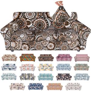 Stretch Couch Covers for 3 Cushion Couch,4-Piece Floral Sofa Covers Couch Slipcovers with Elastic Bottom,Furniture Protector for Living Room with Kids and Pets(Sofa Covers) (A-round Flower+brown Texture)