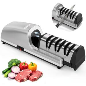 Electric Knife Sharpener for Kitchen Knives, Detachable Sharpening Head, 3-Stage Knife Sharpener Electric, 100% Diamond Abrasive, 15-Degree Precision Angle, Fast Sharpening, Polish (Silver)