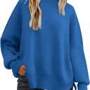 LILLUSORY Women's Oversized Batwing Sweaters 2026 Fall Outfits Trendy Crewneck Knit Side Slit Fashion Pullover Tops (Blue), Small