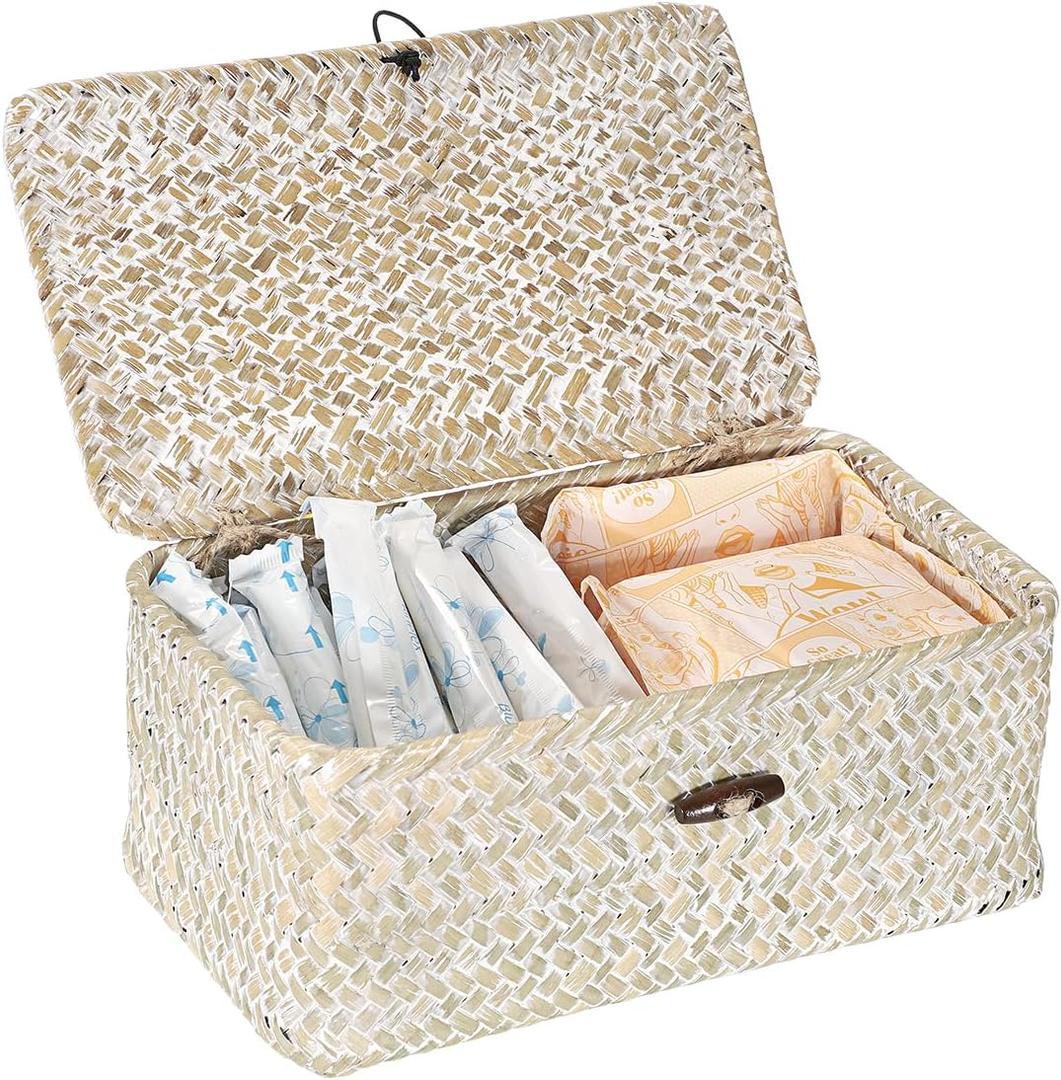 Sumnacon Wicker Basket with Lid Rectangle Woven Baskets for Toiletries Tampon Storage,Wicker Storage Basket with Lid,Decorative Seagrass Storage Baskets for Shelf Bathroom Toilet Table,Whitewash (X-Small)