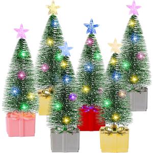 6 Pack Mini Christmas Tree with Lights Small Artificial Christmas Tree Decorations Xmas Tree Figurines for Indoor Christmas Home Party Tabletop Centerpieces Decor
