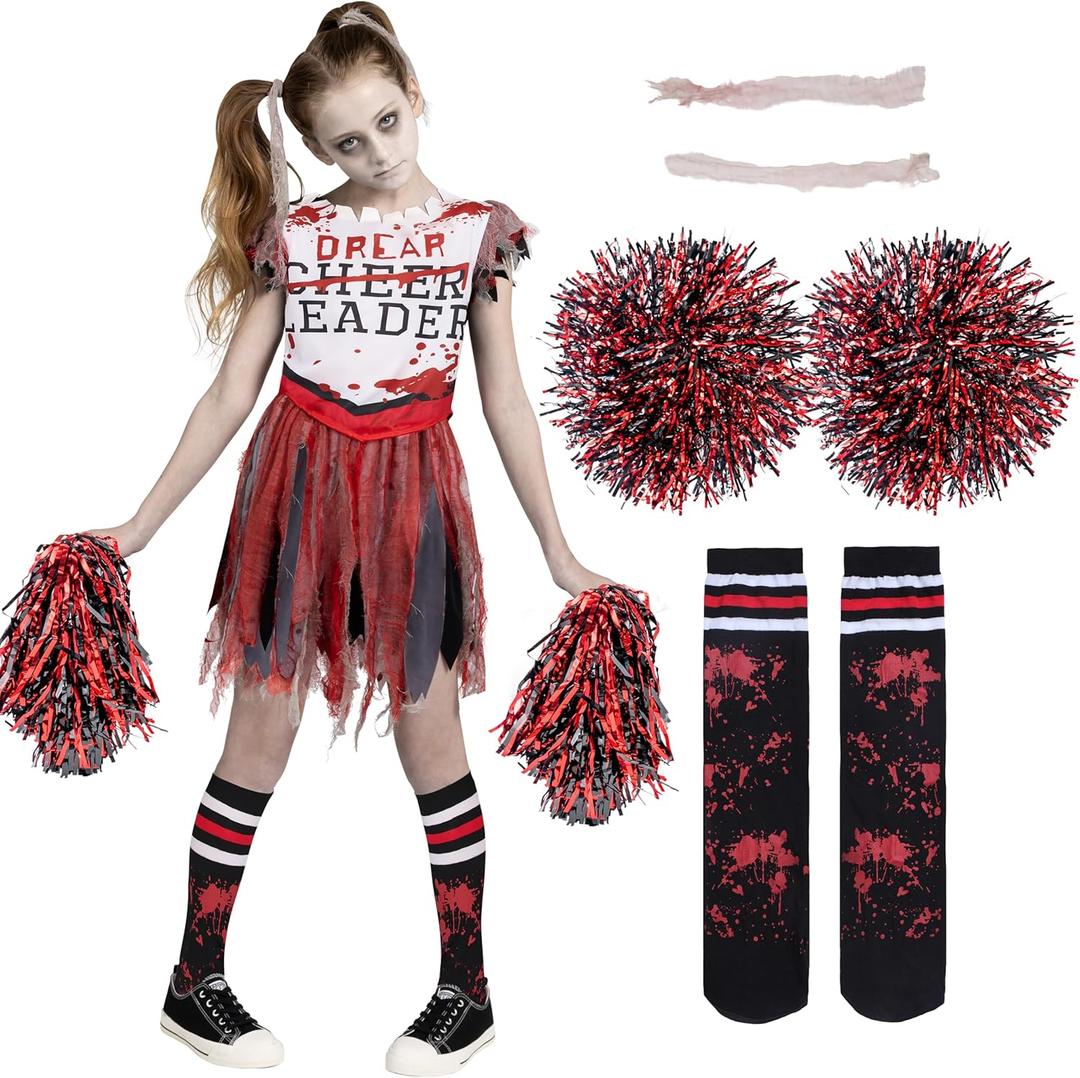 Spooktacular Creations Zombie Halloween Cheerleader Costume, Girls Scary Cheerless Costume, Kids Dead Cheerleading Outfit for Halloween Role Play Themed Parties, Red White, S (S)