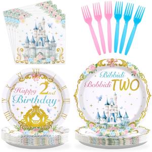 Grencian 96Pcs Princess Birthday Party Supplies Bibbity Boppity Two Party Plates and Napkins Disposable Happy 2nd Birthday Tableware Set for Girls Two Years Old Party Decorations Serves 24