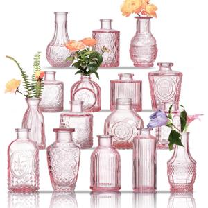 Glass Bud Vases Set of 16 - Pink Assorted Small Mini Glass Vases for Flowers, Crystal Vintage Vase Set, Bulk Centerpieces for Table Dcor, Wedding, Home and Events (Pink, 16 Pcs)