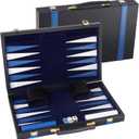 GSE Games & Sports Expert Premium Leather Backgammon Board Game Set, Classic Backgammon Game Set with Leather Case, Travel Folding Board Game (Black&Blue, Large)