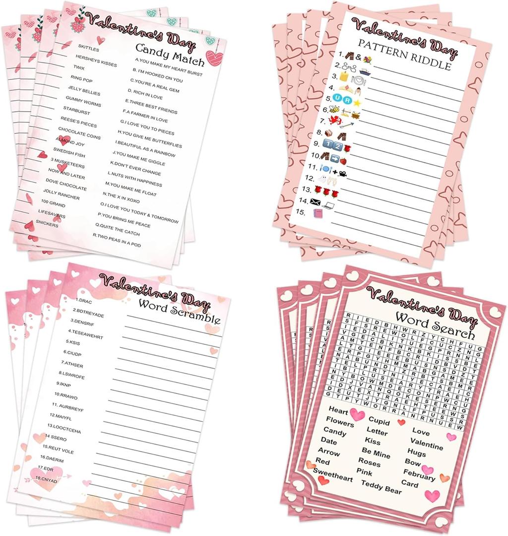 25 Players Valentine's Party Games Cards Set - Includes Word Search, Word Scramble, Pictionary & Candy Match Games with Answer Key, Perfect for Adults, Family, Office, Large Group Party Activities