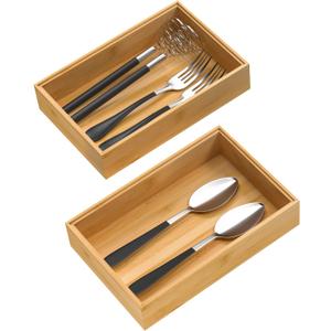 Silverware Tray for Drawer, Stackable Kitchen Bamboo Drawer Organizer 9" x 6" x 2" Set of 2