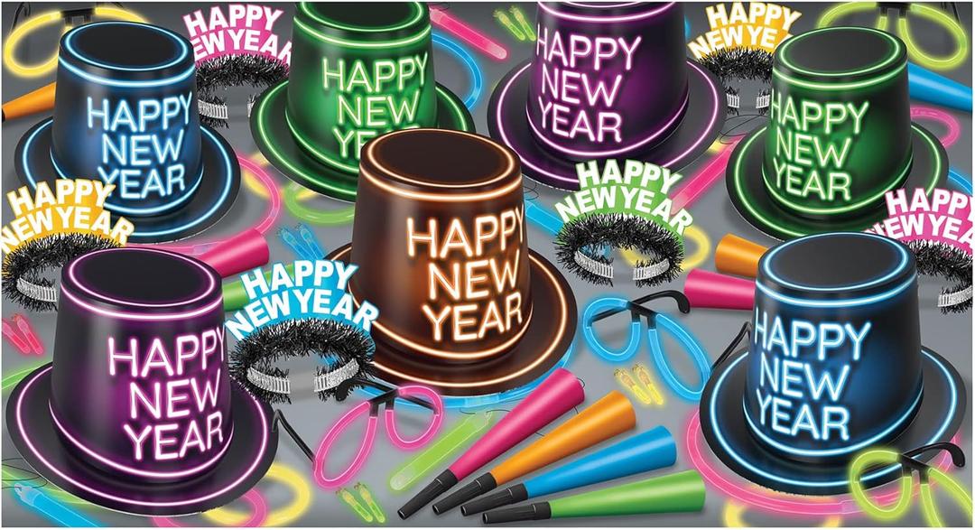 Beistle Glowing Black Light Reactive New Year's Eve Party Assortment for 50 People with Light Up Accessories, NYE Photo Booth Props and Favors, One Size, Multicolor