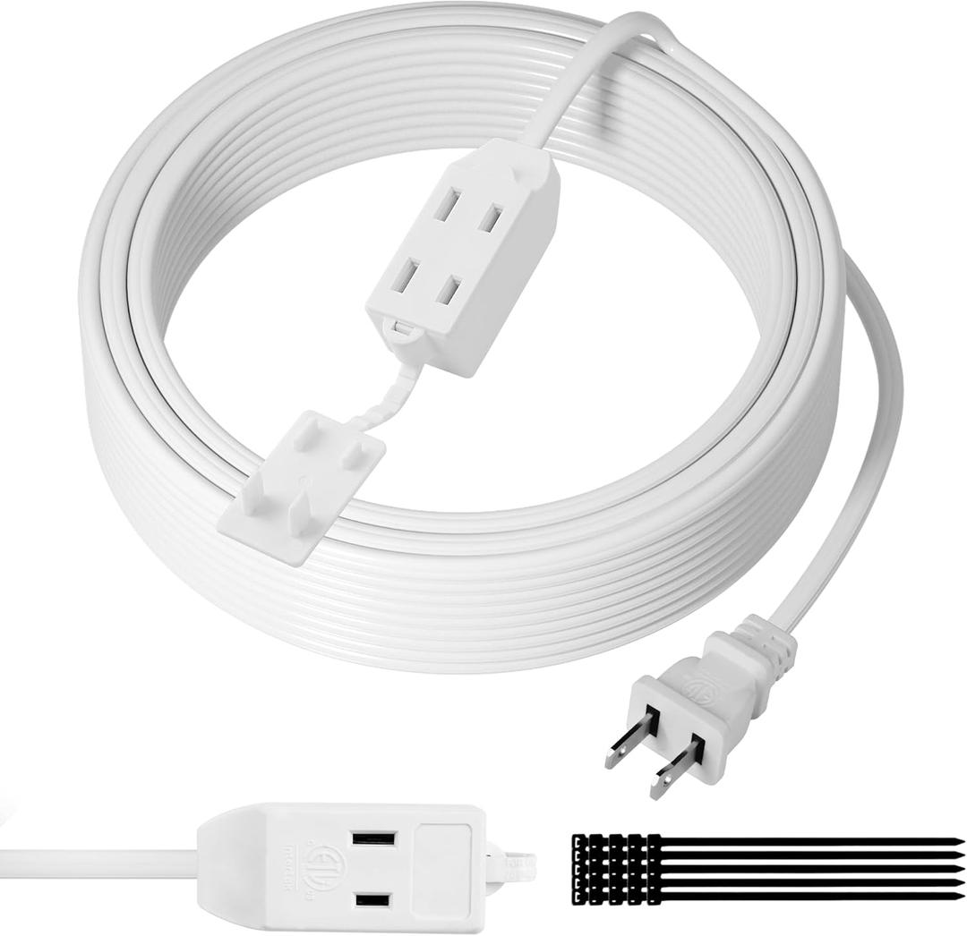 2 Prong Extension Cable 15 FT, Extra Long Power Cord With 3 Outlets, Flat Multiple Cable With Tamper Guard, ETL Listed, Outlet Saver, OFC, 16 Gauge Wire, 13A/125V, White With 25 Pcs Ties