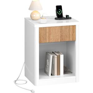 CHOEZON Fluted Nightstand with Charging Station, White and Natural, 15.7"D x 18.9"W x 24.2"H