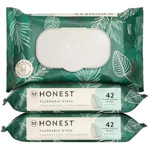 The Honest Company Flushable Wipes for Sensitive Skin | Fragrance Free, Hypoallergenic, 99% Water, Safe to Flush | pH Balanced Feminine Wipes | Tropical Leaves, 126 Count