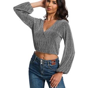 YYA Women's Casual V Neck Blouse Long Lantern Sleeve Spark Shining Blouses Top Shirts Silver XXL