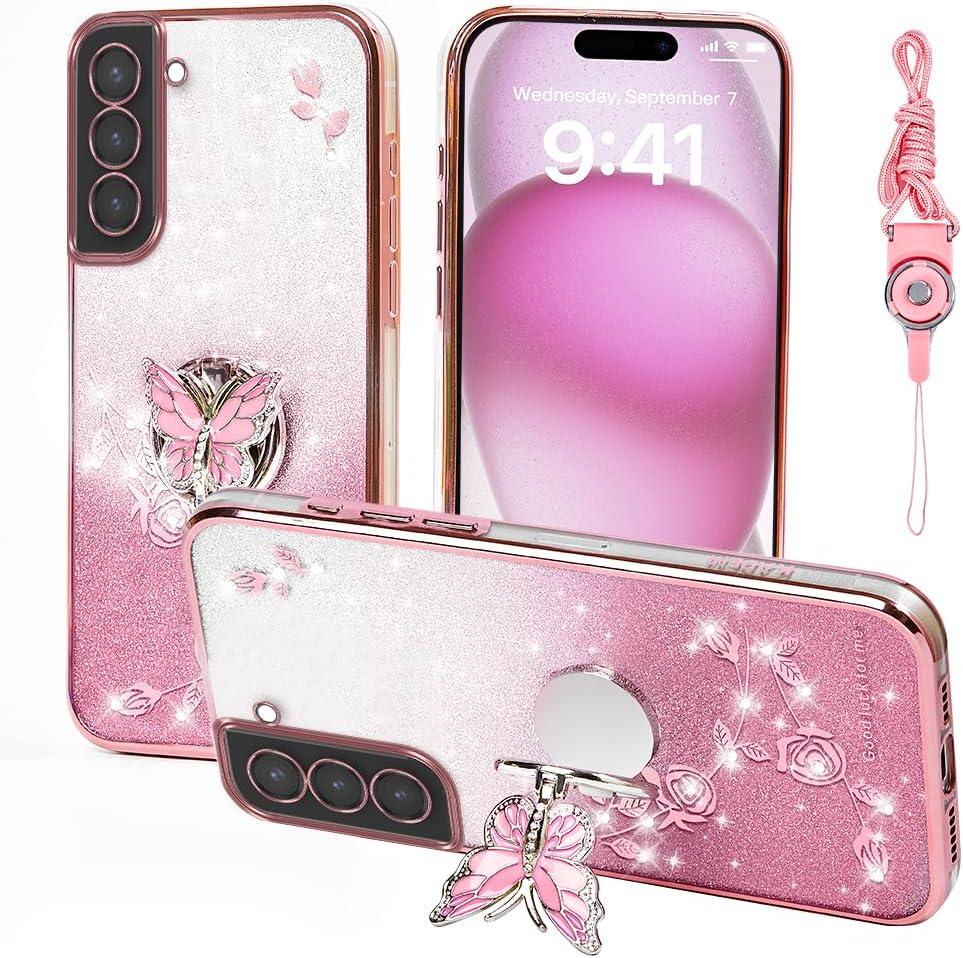 for Samsung Galaxy S22 Plus Phone Case,for S22+ Mobile Phone Case for Women and Girl, Glitter Butterfly Floral TPU Protective Cover with Kickstand+Strap for Samsung S22 Plus (Pink)