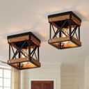 2 Pack Rustic Farmhouse Wood Flush Mount Ceiling Light Fixture Oak Wood and Metal Square Cage Small Semi Flush Mount Ceiling Light for Kitchen Hallway Entryway Bedroom Farmhouse Country, Black