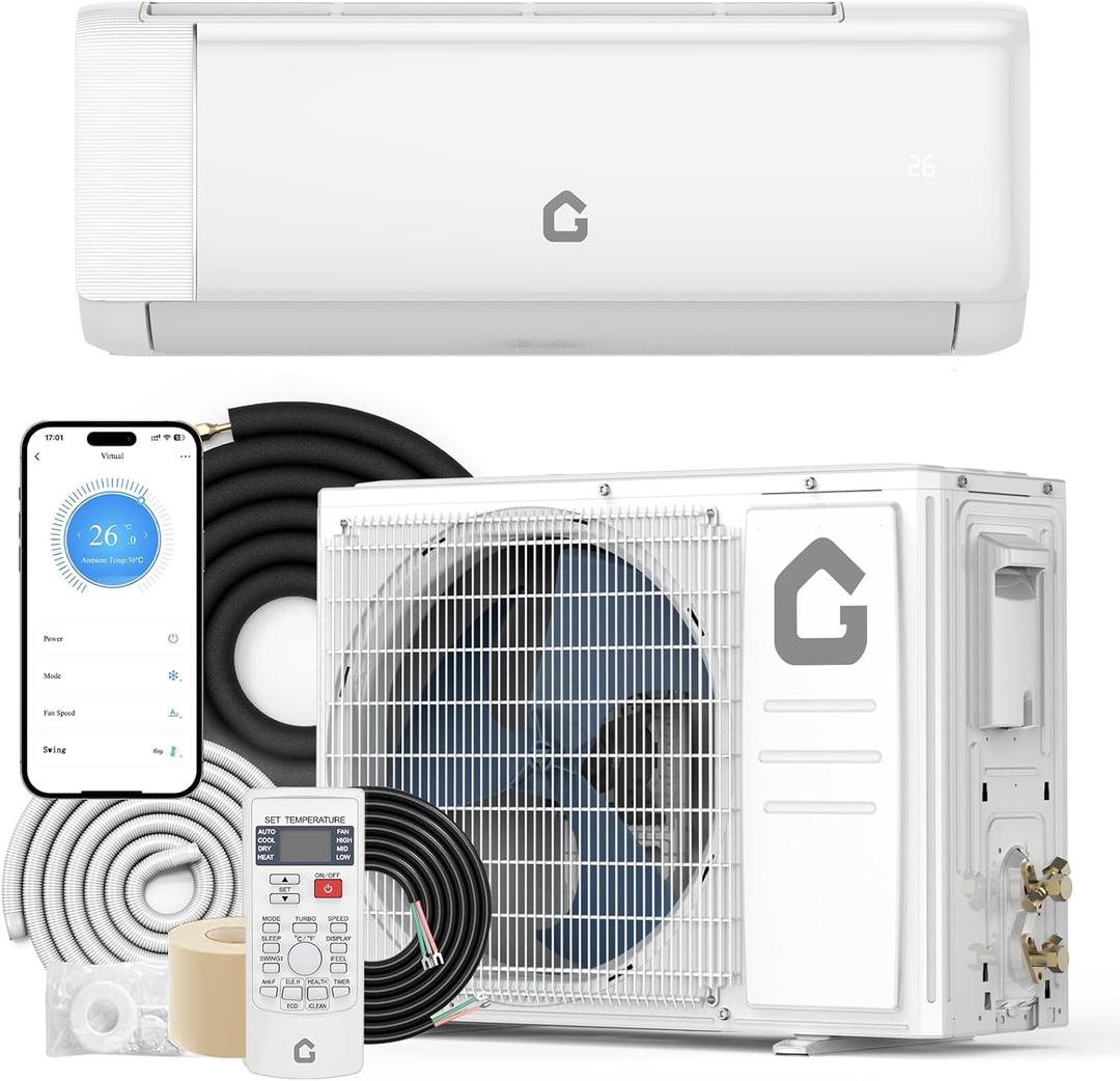 GarveeHome 18000 BTU Mini Split Air Conditioner Heat Pump System, 21SEER2 230V Inverter Cools Up to 1250 Sq.Ft, Heat Pump Ductless Pre-Charged Inverter System, WIFI Control