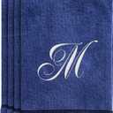 Personalized Initial Fingertip Towels 4 Pack 11x18 - White Embroidery on Navy Blue Towel, Modern Monogrammed Towels, Great Personalized Initial Gift for Women, Teachers, Friends, Bridesmaids Initial M