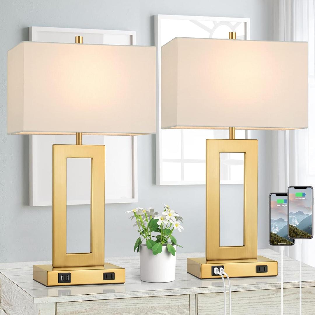 22 Table Lamps for Bedrooms Set of 2, Gold Bedside USB Desk Lamp with AC Outlet, Touch Control Modern Vintage Living Room Table Lamp for Nightstand End Table, 3-Way Dimming with 2 E26 Edison Bulbs