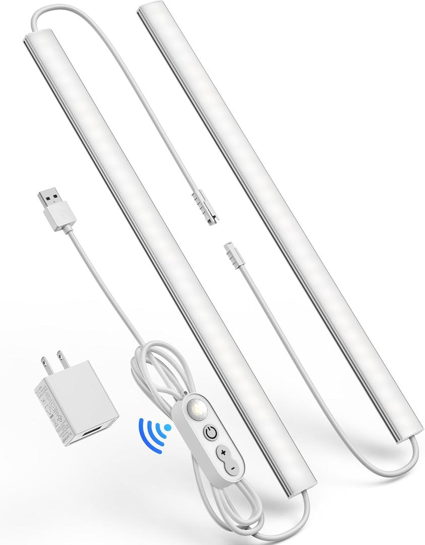 Motion Sensor Dimmable Under Cabinet Lighting, 6000K White, Plug-in, Linkable LED Closet Light Bars, 12-inch 2 Pack