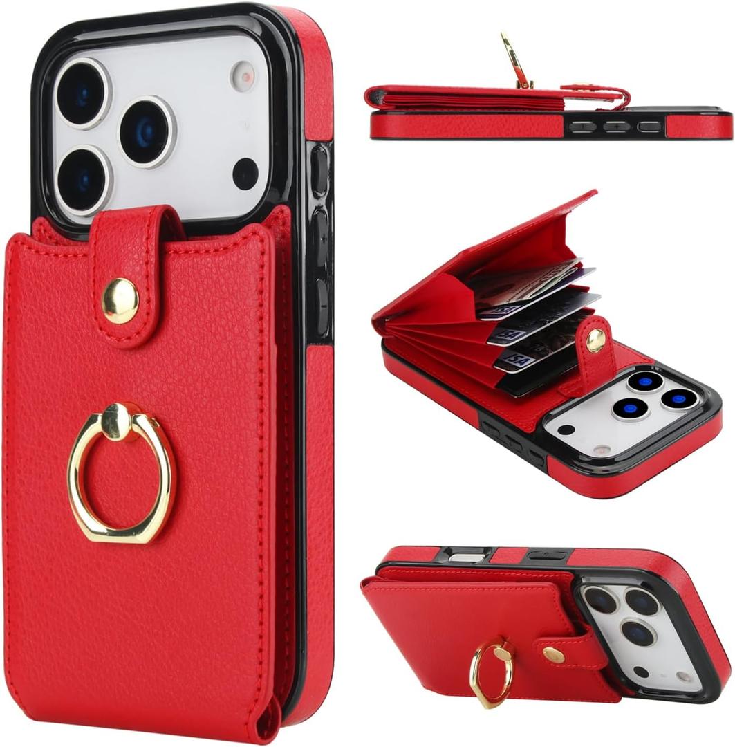 Folosu Compatible with iPhone 17 Pro Case Wallet with Card Holder, 360Rotation Finger Ring Holder Kickstand, RFID Blocking Leather Protective Double Buttons Shockproof Cover 6.3 Inch Red