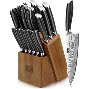 HOSHANHO 16-Piece Knife Set with Block, Ultra Sharp High Carbon Powder Steel Knife Block Set, Chef Knife Set Professional Kitchen Knives Set with Sharpener and Pakkawood Handle