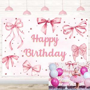 Pink Bow Happy Birthday Backdrop Coquette Birthday Party Photography Background for Girls Women Cute Bachelorette Party Baby Shower Decoration Banner (94X70 inch (8x6FT))