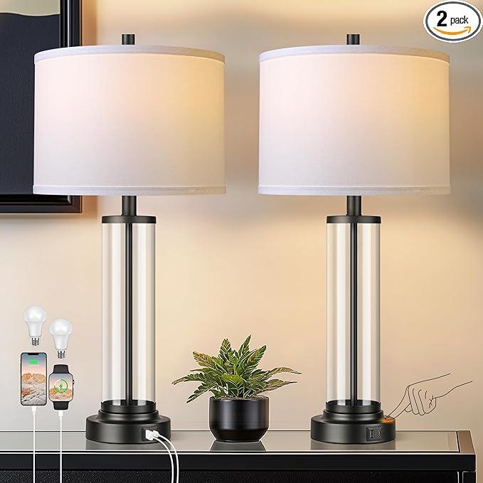 QiMH Touch Control Table Lamps Set of 2 with USB Ports, 3Way Dimmable Bedside Lamp for Living Room Bedroom House, Modern Nightstand Lamp with 2 LED Bulbs(Black)