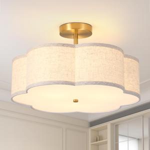 17.7" Modern Gold Semi Flush Mount Ceiling Light,3-Light Linen Fixture