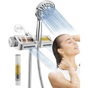 MakeFit Filtered Shower Head with Handheld Combo - Dual 2-in-1 Spa System with Massage Shower and 10 Modes Hand Held Shower High Pressure with Built in Power Wash Mode (Chrome)