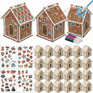 24 Pack Wood Gingerbread House DIY Craft Kit for Kids DIY Christmas Village Houses to Build & Paint with Watercolor Pens & 3D Puffy Stickers & Jute Twines for Xmas Wood Unfinished Crafts