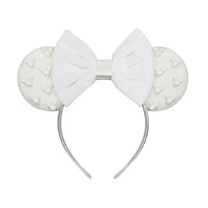 JIAHANG Velvet Mouse Ears Headband with Beads, White Hair Bow Hairband with Pearls, Party Decoration Headwear Hair Accessories for Women Girls